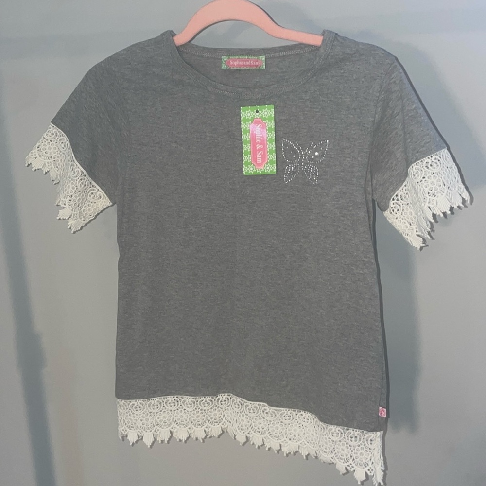 NWT Girls 12 Sophie & Sam gray t-shirt with lace and rhinestone appliqué